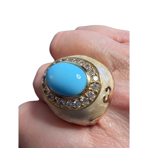 Lauren G. Adams Cocktail Ring Sz 8.25 Faux Turquoise Enamel Rhinestones Marked V - Picture 6 of 12